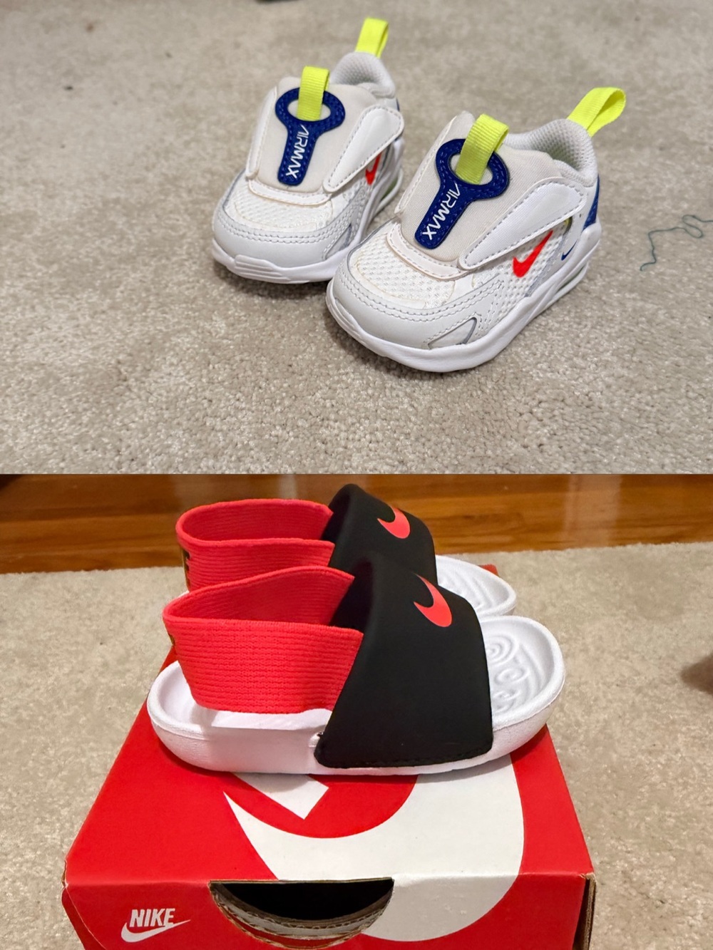 Nike Kids White & Neon Baby Sneakers and Black/Red Slide Set
